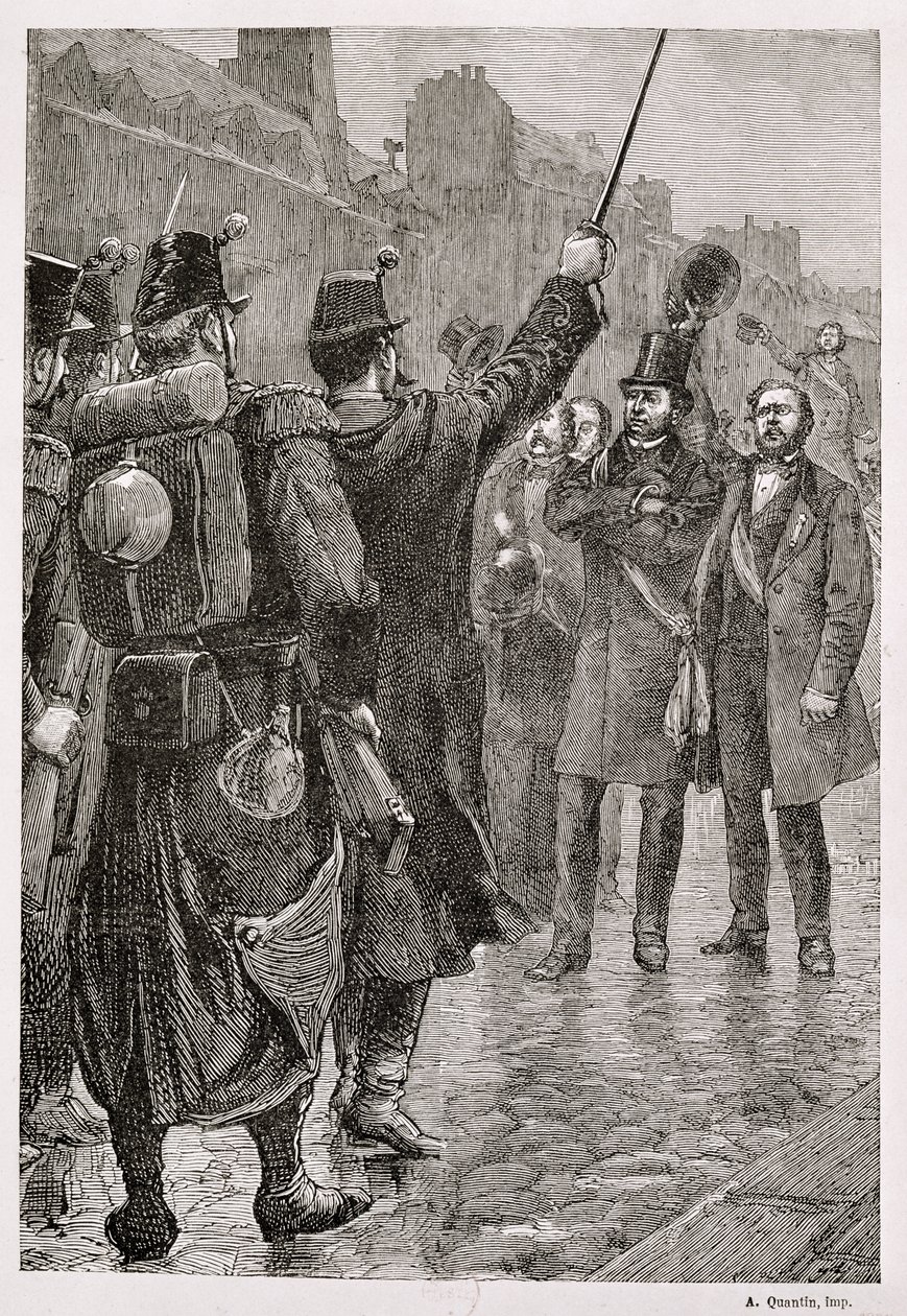 Arrestasjonen av Victor Schoelcher (1804-93) ved Saint-Antoine Barricade, 4. desember 1851 av French School