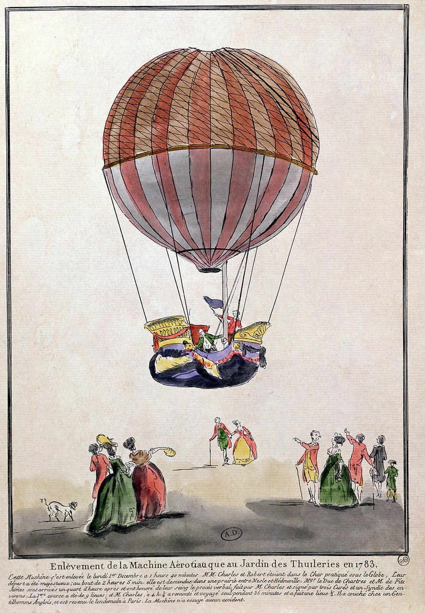 The Ascent of the Aerostat in Jardin des Tuileries, 1. desember 1783 (penn og blekk og wc på papir) av French School