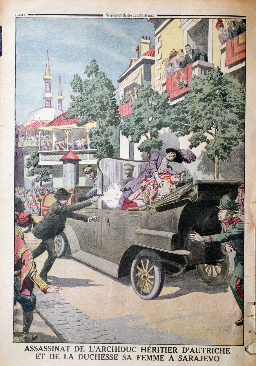 Attentatet på erkehertug Franz Ferdinand av Østerrike (1863-1914) og hans kone, hertuginne Sophia, av Gavrilo Princip (1895-1918) i Sarajevo, 28. juni 1914, fra Le Petit Journal, 12. juli 1914 (co. av French School