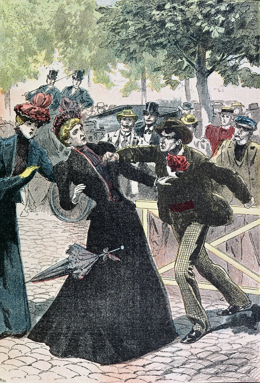The Assassination of Elizabeth (1837-98) Keiserinne av Østerrike av Luccheni, 10. september 1898, illustrasjon fra Le Pelerin, 1898 (fargegravering) av French School