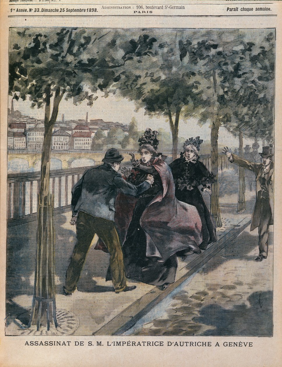 Mordet på Elizabeth (1837-98) keiserinne av Østerrike i Genève, forside av LANnee Illustree, 25. september 1898 (fargegravering) av French School