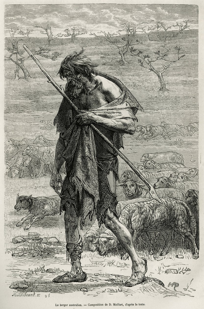 Den australske hyrden, gravert etter en tegning av D. Maillart, for å illustrere historien seks måneder i Australia, av Desire Charnay, et oppdrag fra Ministry of Public Education, i 1878, publisert i tour du monde, under ledelse av E av French School