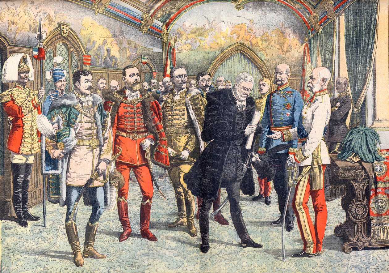 Den østerriksk-ungarske krisen. Keiser Franz Joseph I tar imot de ungarske baronene som ber om allmenn stemmerett i Ungarn. Illustrasjon for Le Petite Journal av French School