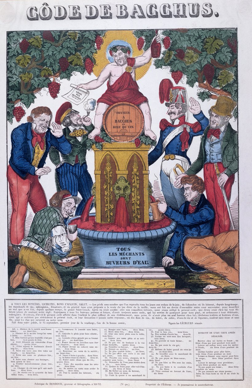 The Bacchus Code, All Unpleasant People are Water Drinkers, karikatur om alkoholisme, Imagerie de Metz, ca. 1840 av French School
