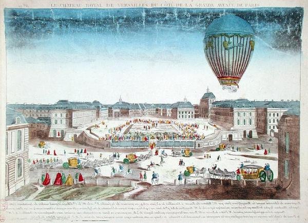 Ballongreisen til Francois Pilatre de Rozier (1754-96) over Chateau de Versailles, 23. juni av French School