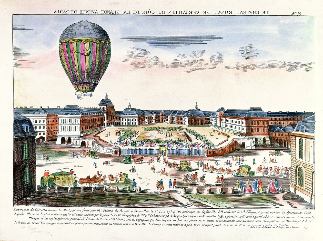 Ballongreisen til Francois Pilatre de Rozier (1754-96) over Chateau de Versailles, 23. juni, 1784 av French School