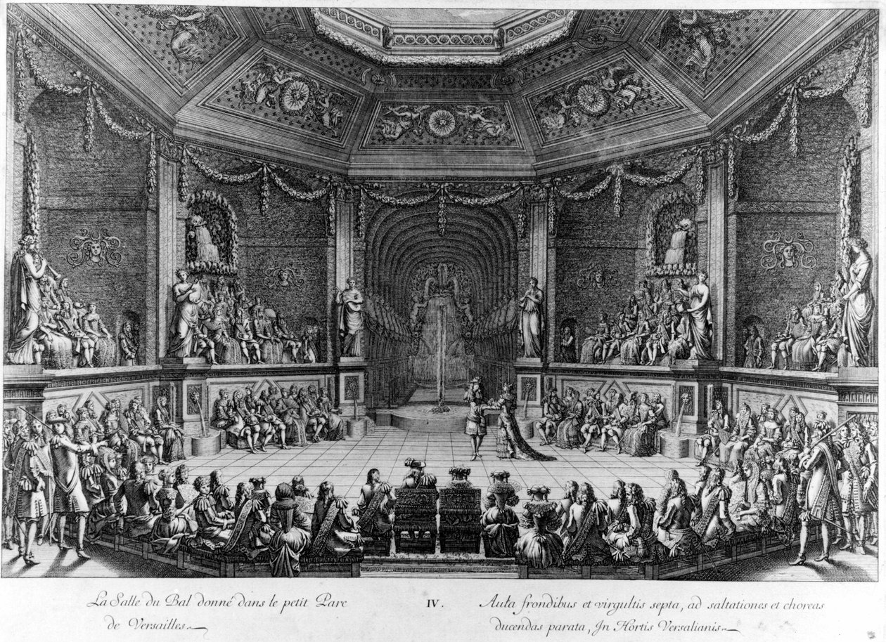 Ballsalen gitt i den lille Parc de Versailles, gravering 1678. av French School