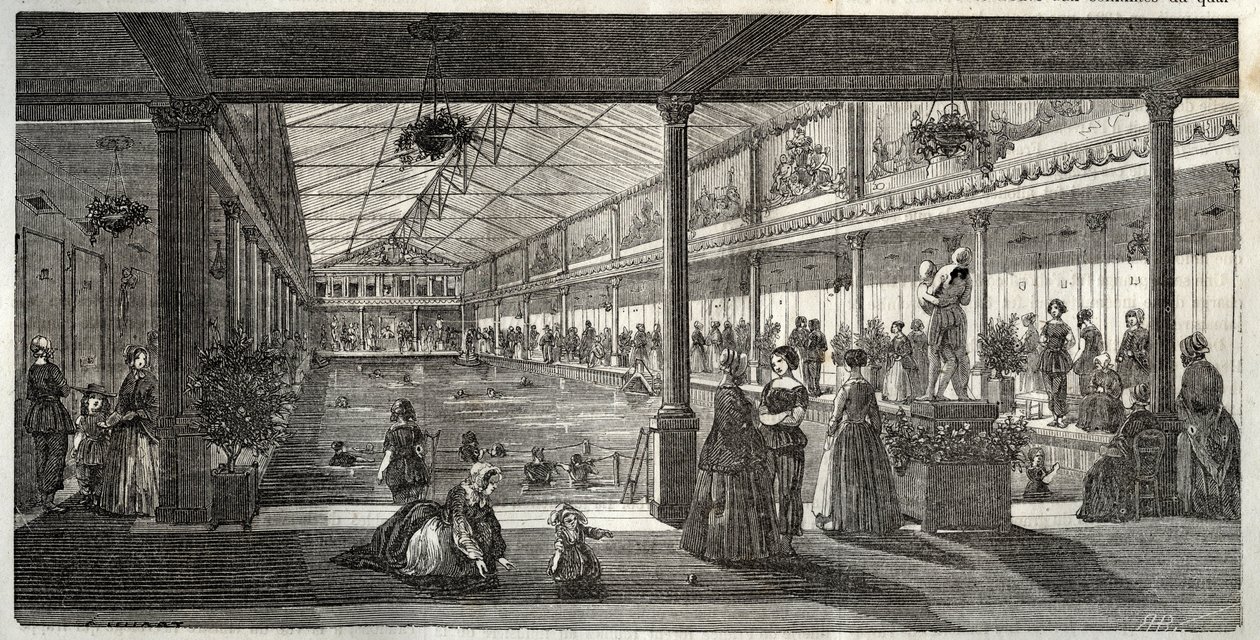 The Baths at Hotel Lambert, Ile Saint-Louis, Paris, midten av 1800-tallet - Hotel Lambert, Ile Saint-Louis, svømmeskole for damer - Bain Lambert - - Gravering i "Tableau-de-Paris" av Edmond Texier 1852 av French School
