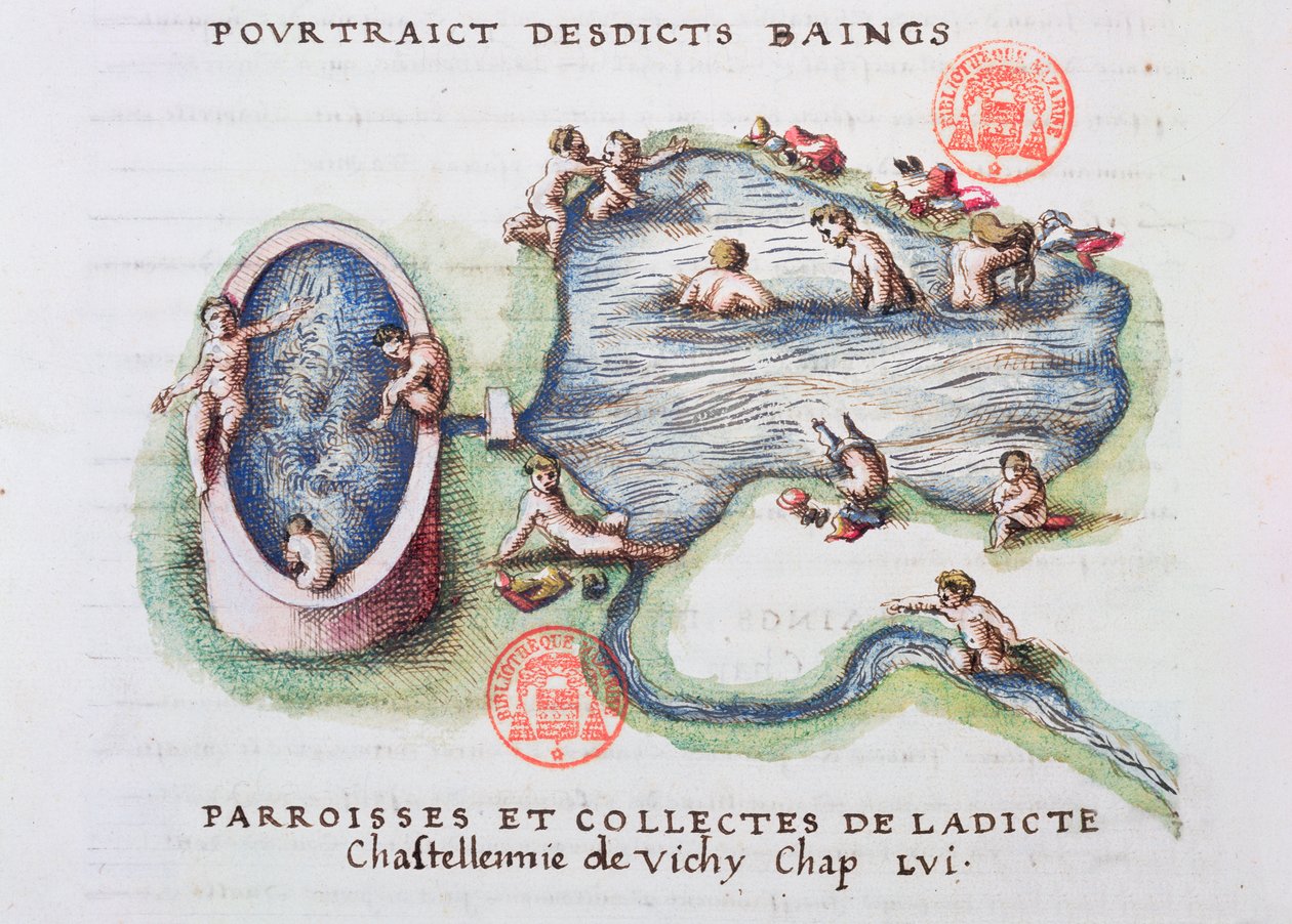 The Baths at Vichy, fra Generale Description du Bourbonnais av Nicolas de Nicolay (1517-83) 1569 (wc på papir) av French School