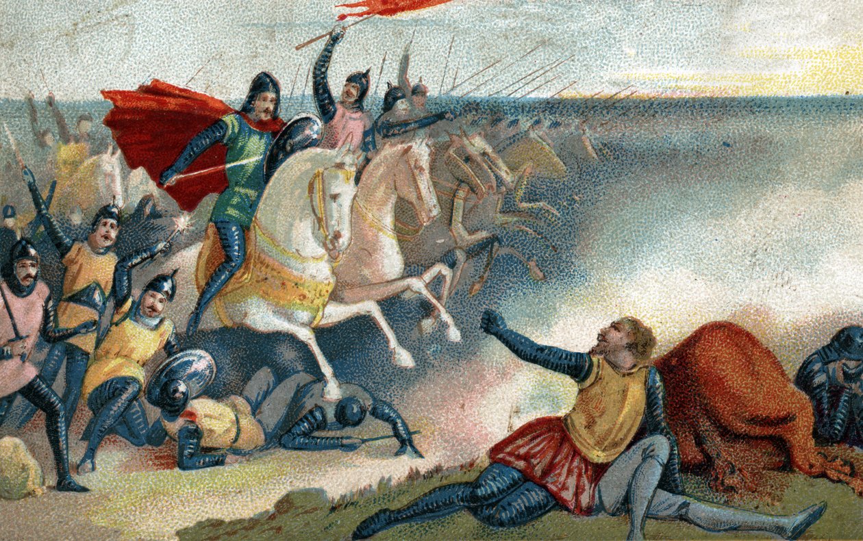Slaget ved Hastings 14.10.1066 mellom sakserne av Harold II og Norman Armee (William I the Conquerant). Kromolitografi fra slutten av 1800-tallet. av French School