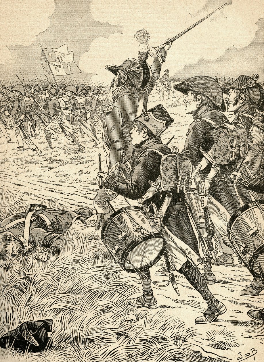 Slaget ved Marengo, Italia i 1800, kjempet mellom de franske styrkene under Napoleon Bonaparte og østerrikerne. Fra Agenda Buvard du Bon Marche publisert 1917. av French School