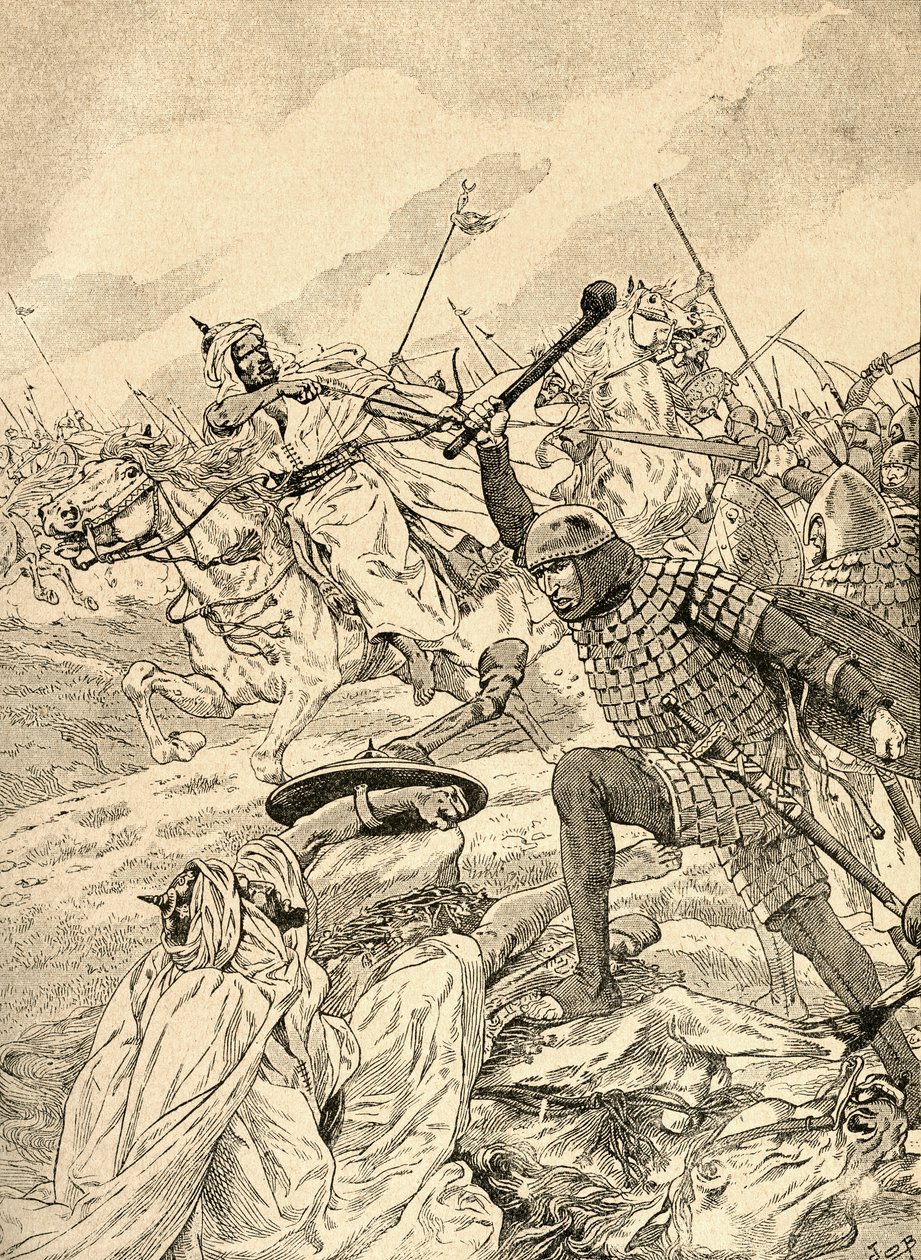 The Battle of Tours aka The Battle of Poitiers, 732. Fra Agenda Buvard du Bon Marche publisert 1917. av French School
