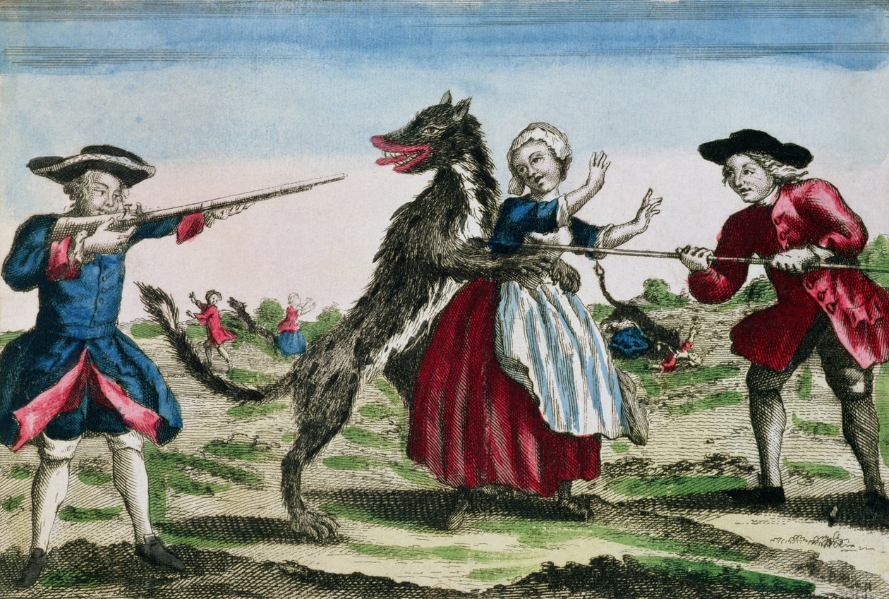 The Beast of Gevaudan, utgitt av Basset, 1764 (fargegravering) av French School