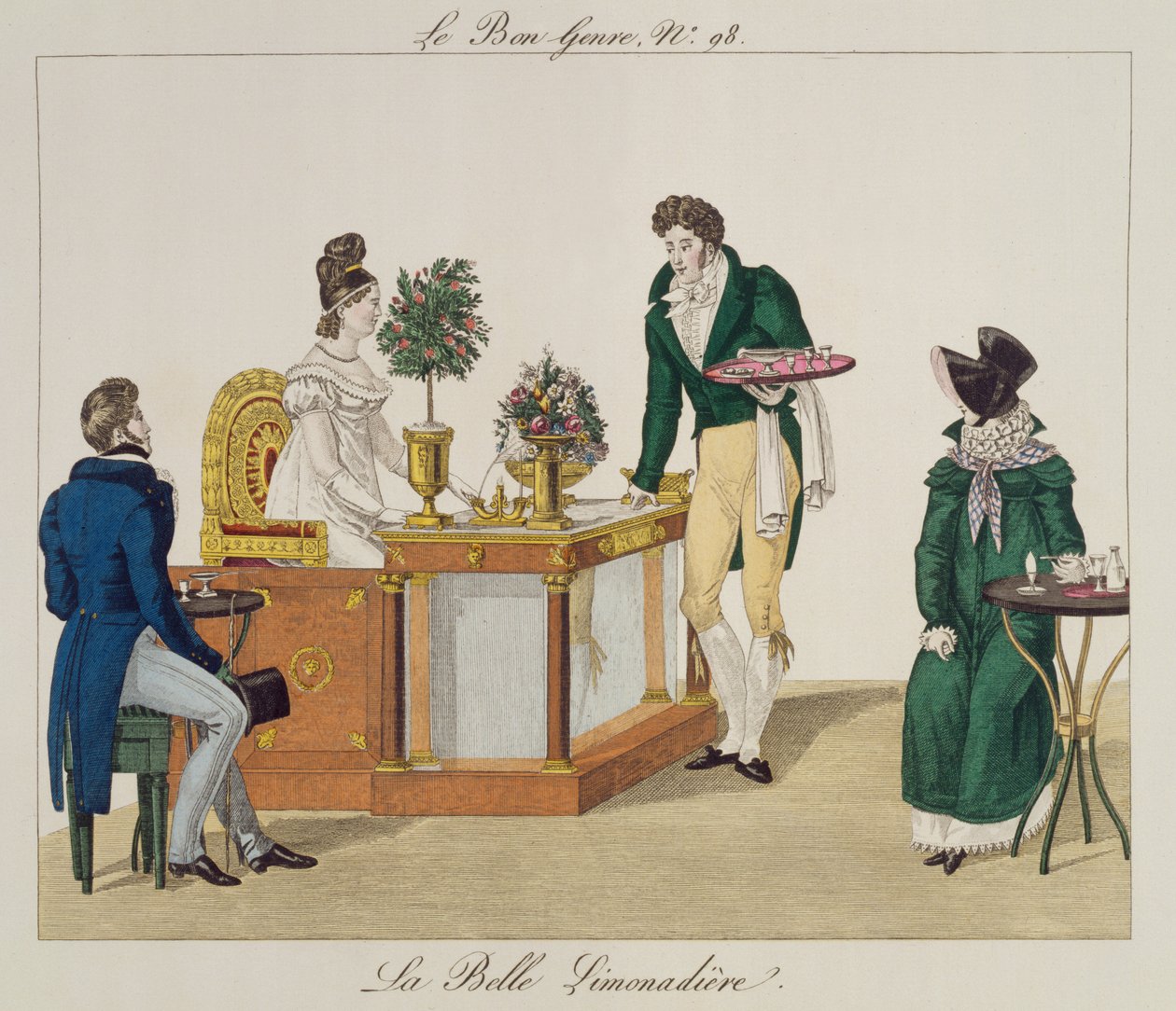 The Beautiful Lemonade-selger, plate 98 fra le Bon Genre, ca. 1810 (fargegravering) av French School