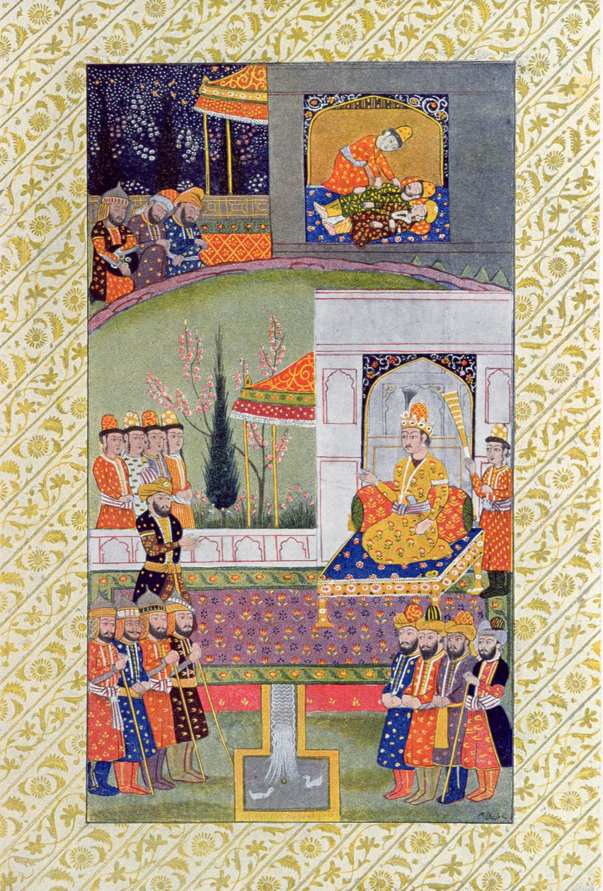 The Bed of Justice, illustrasjon fra The Arabian Nights, 1895 (fargegravering) av French School