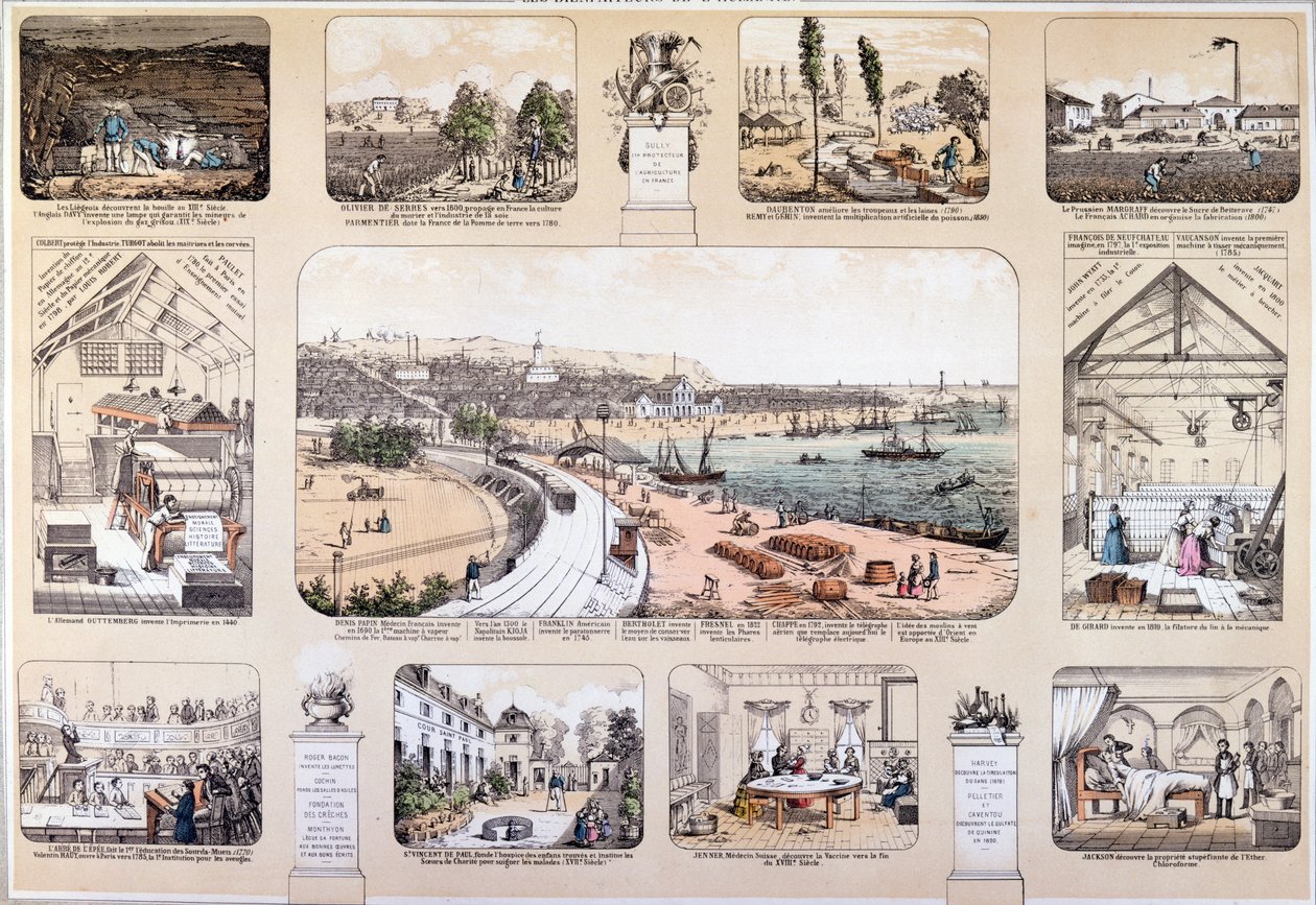 The Benefactors of Mankind, plate som viser store oppfinnelser, 2. halvdel av 1800-tallet (fargegravering) av French School
