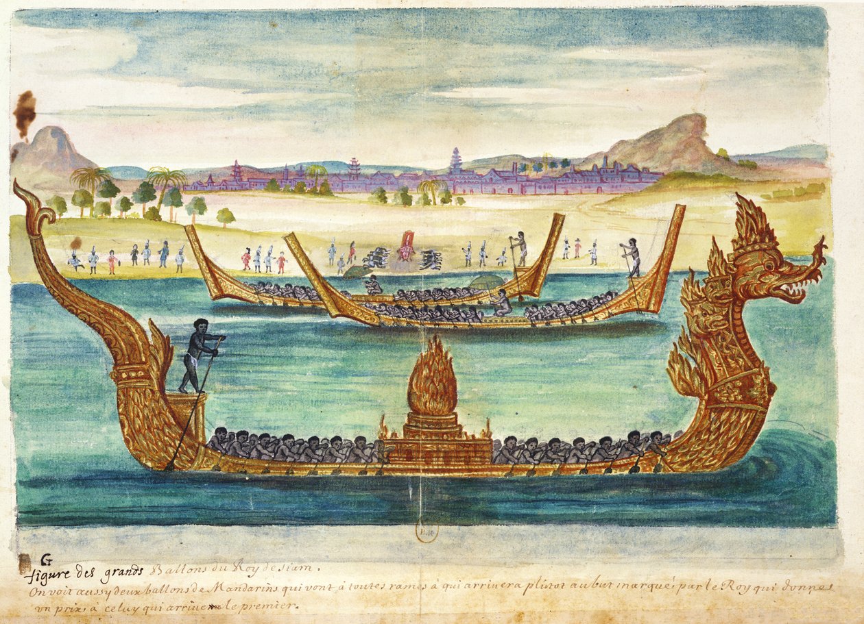 The Boats of the King of Siam, fra en beretning om jesuittene i Siam, 1688 (wc på papir) av French School