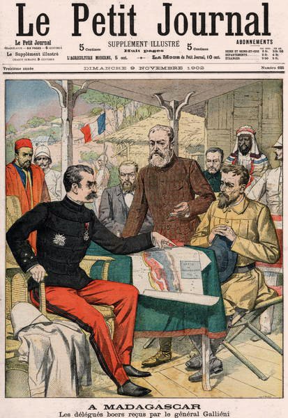 Boer-delegasjonen mottatt av general Joseph Simon Gallieni (1849-1916) på Madagaskar, forside av Le Petit Journal fargetillegg n.625, 9. november 1902 av French School