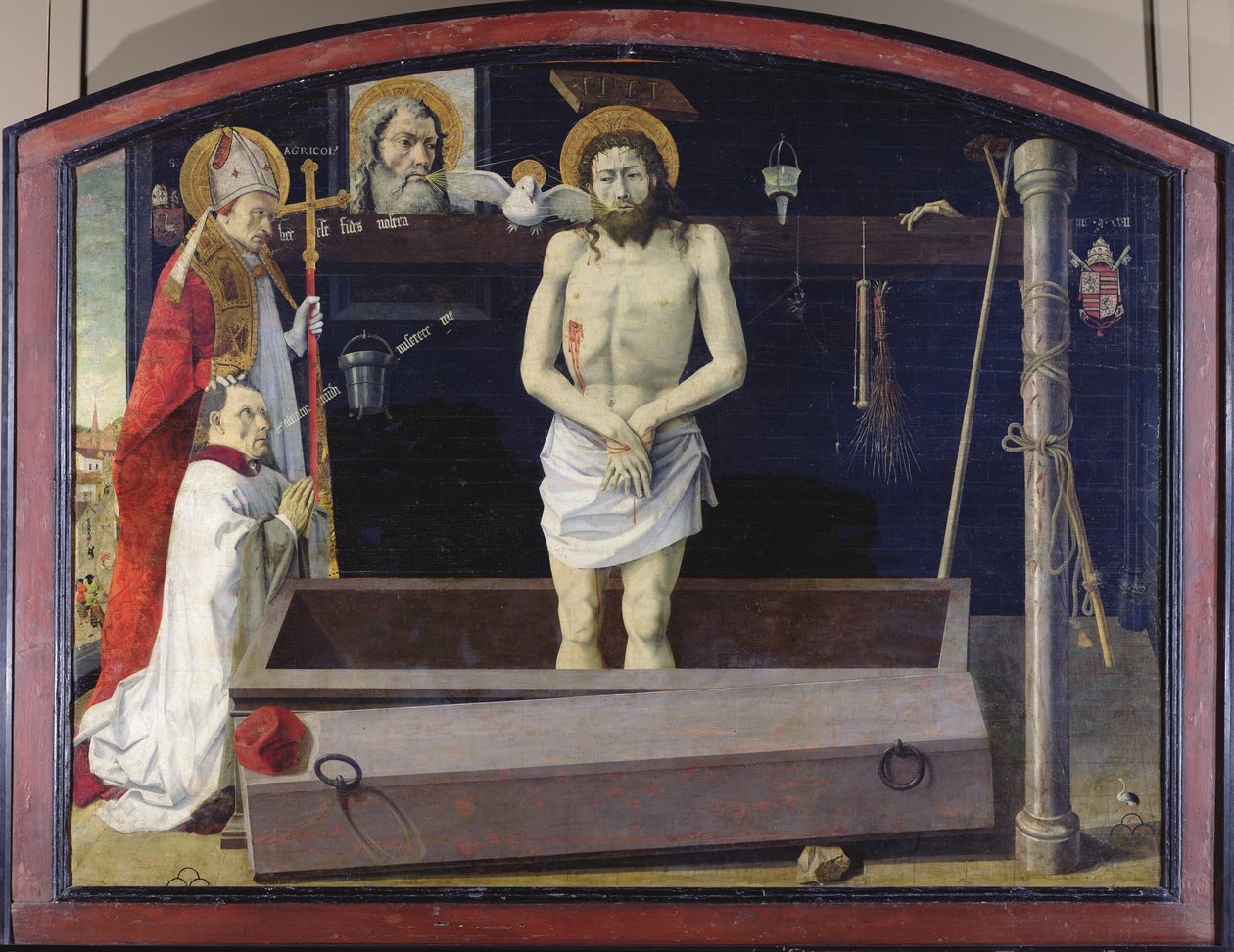 The Boulbon Altarpiece: The Trinity with a donor presentert av St. Agricol, Provence School (olje på panel overført til lerret) av French School