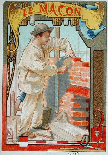 Mureren, illustrasjon fra en bok om håndverket. ca. 1899 (farge litho) av French School