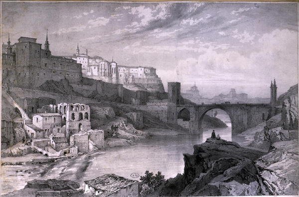 Broen ved Alcantara, Toledo (blyant på papir) av French School