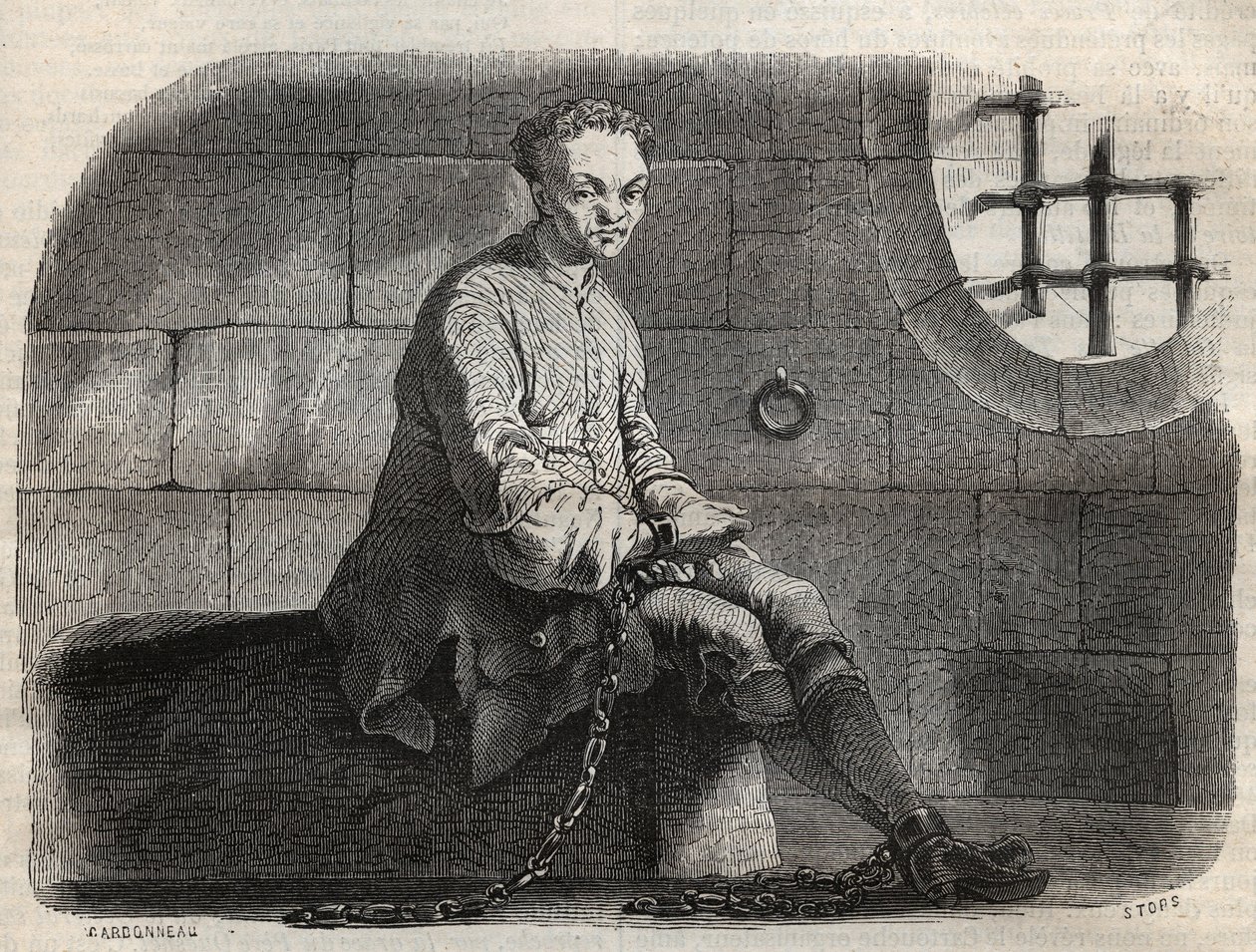 Brigand Louis Dominique Garthausen dit kassett (1693-1721) i fengsel - Gravering i "" Causes celebres de tous les peuple"" av Armand Fouquier (1817-18?) 1858-1867 - privat samling av French School