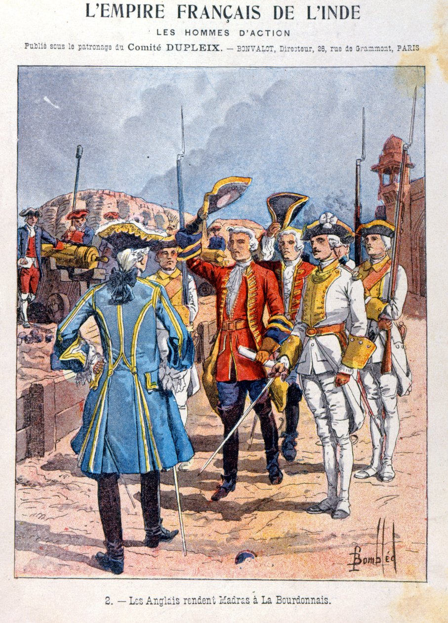 Britene overgir Madras til den franske sjefen Mahe de la Bourdonnais 21. september 1746, omslag til skoleoppgavebok, ca. 1900 av French School