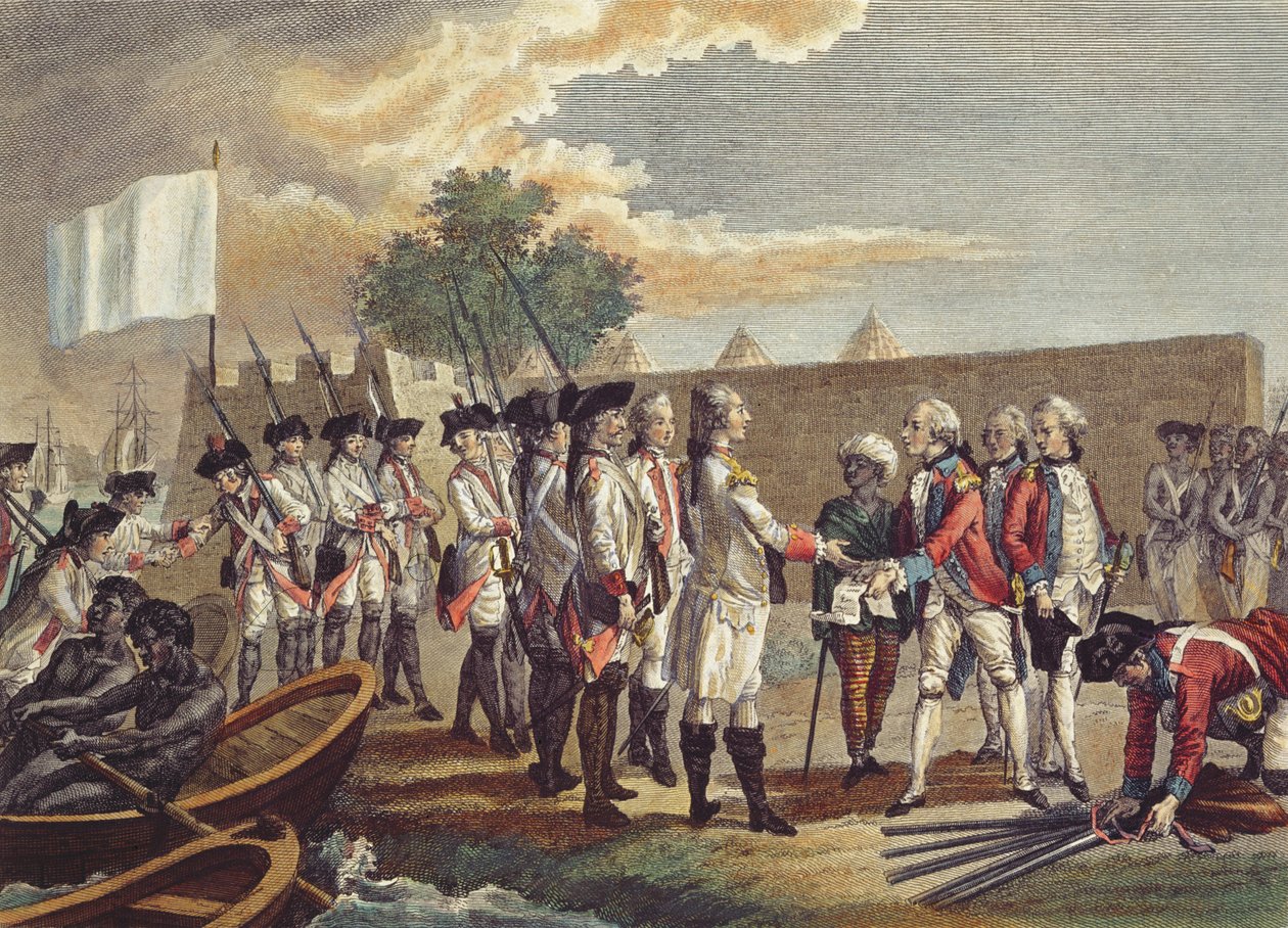 Capture of Senegal, gravert av Nicholas Ponce (1746-1831) 1799 (fargegravering) av French School
