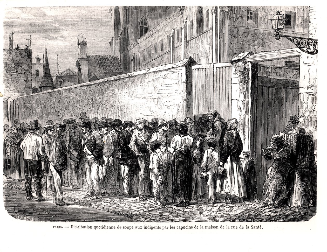Kapusinerne i rue de la Sante distribuerer den daglige suppen til de fattige, fra Le Monde Illustre, 1860 av French School