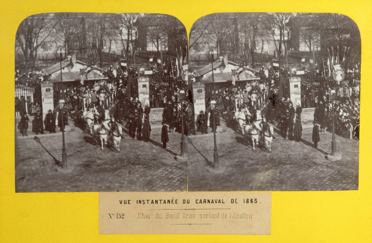 Karnevalet i 1863 i Paris, den fete okseflotten forlater slakteriet, stereoskopisk utsikt, 1863 av French School
