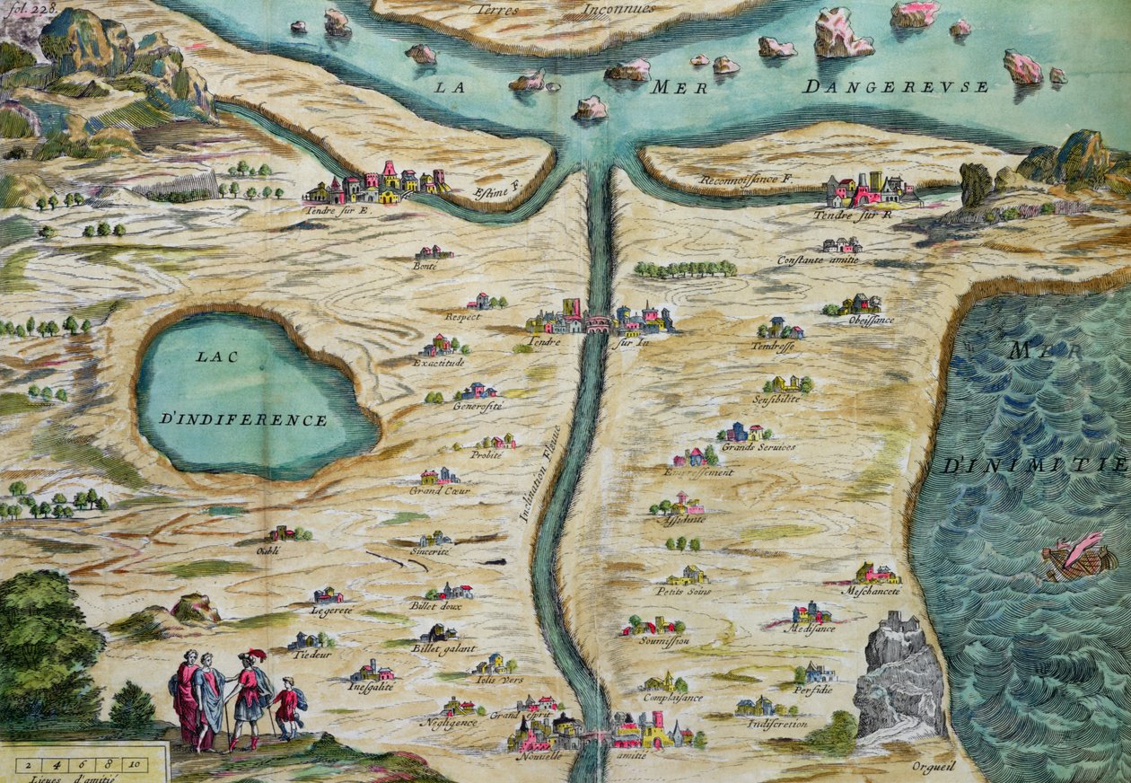 Carte du Tendre, et kart over et imaginært land, fra bind II av Clelie skrevet av Mademoiselle de Scudery, gravert av Francois Chauveau (1613-76) 1656 av French School