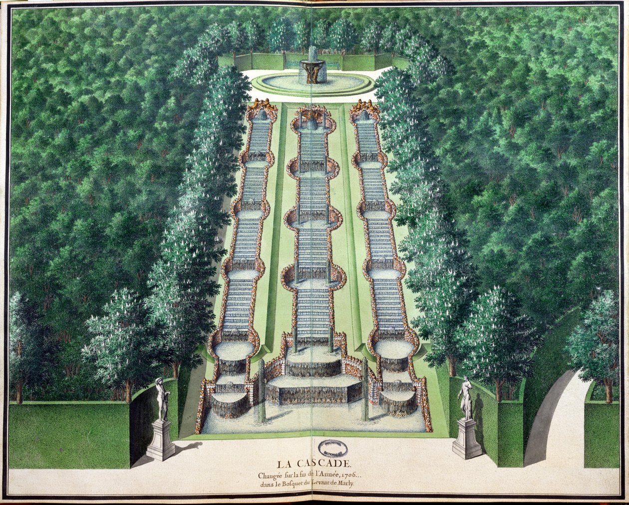 Cascade, endret på slutten av 1706, i lunden på bakken, fra Gardens of Marly, tidlig på 1700-tallet (wc på papir) av French School