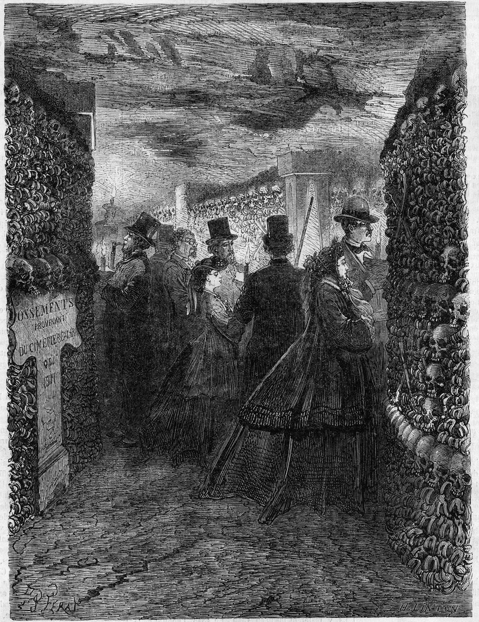 Katakombene i Paris i 1865: Et besøk til galleriene til Ossuaire. av French School