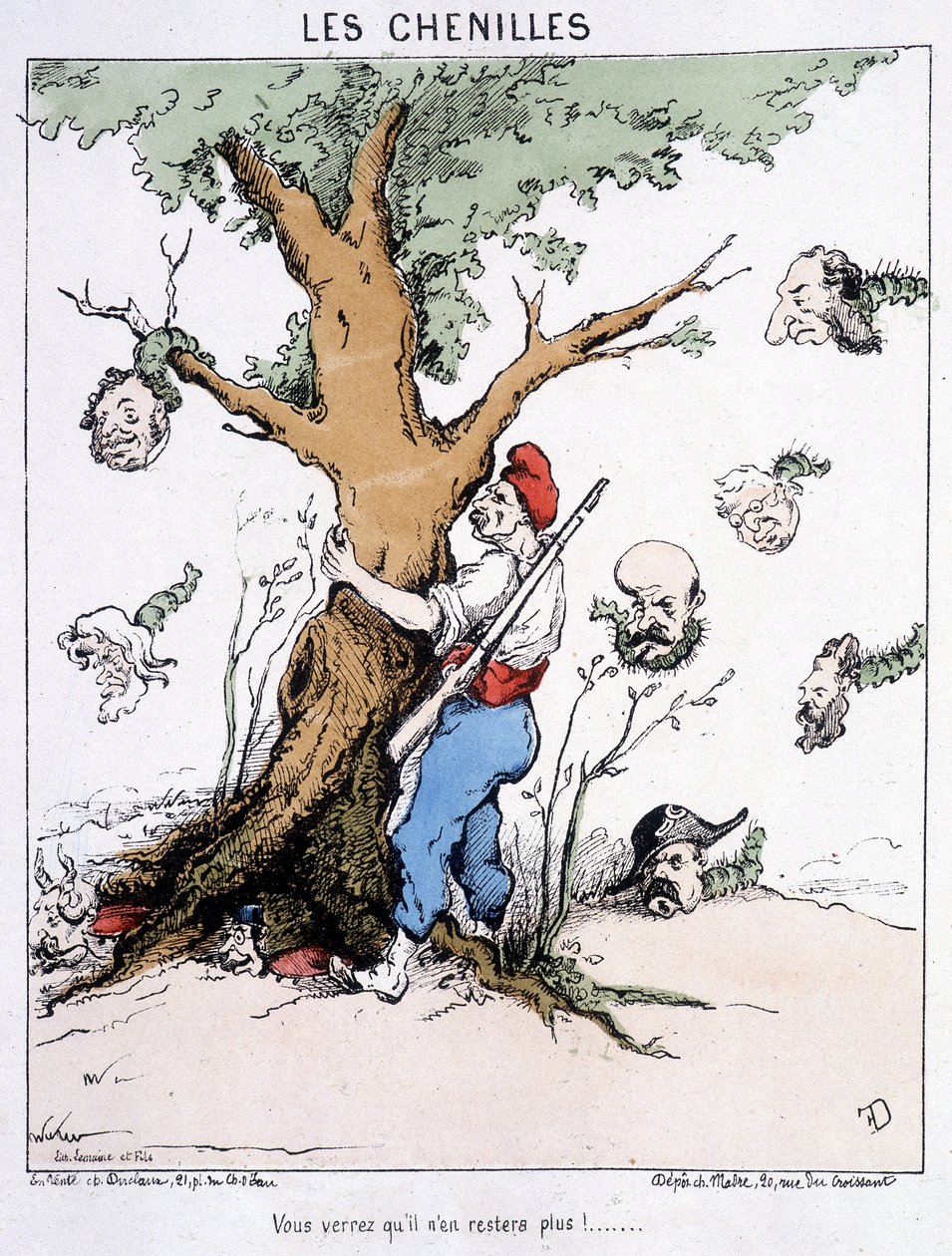 Larvene: "" Du vil se at det ikke vil være mer"" (en mann med frygisk hette rister et tre som larver med stor hode faller fra: Thiers, etc.). Tegneserie om kommunen. av French School