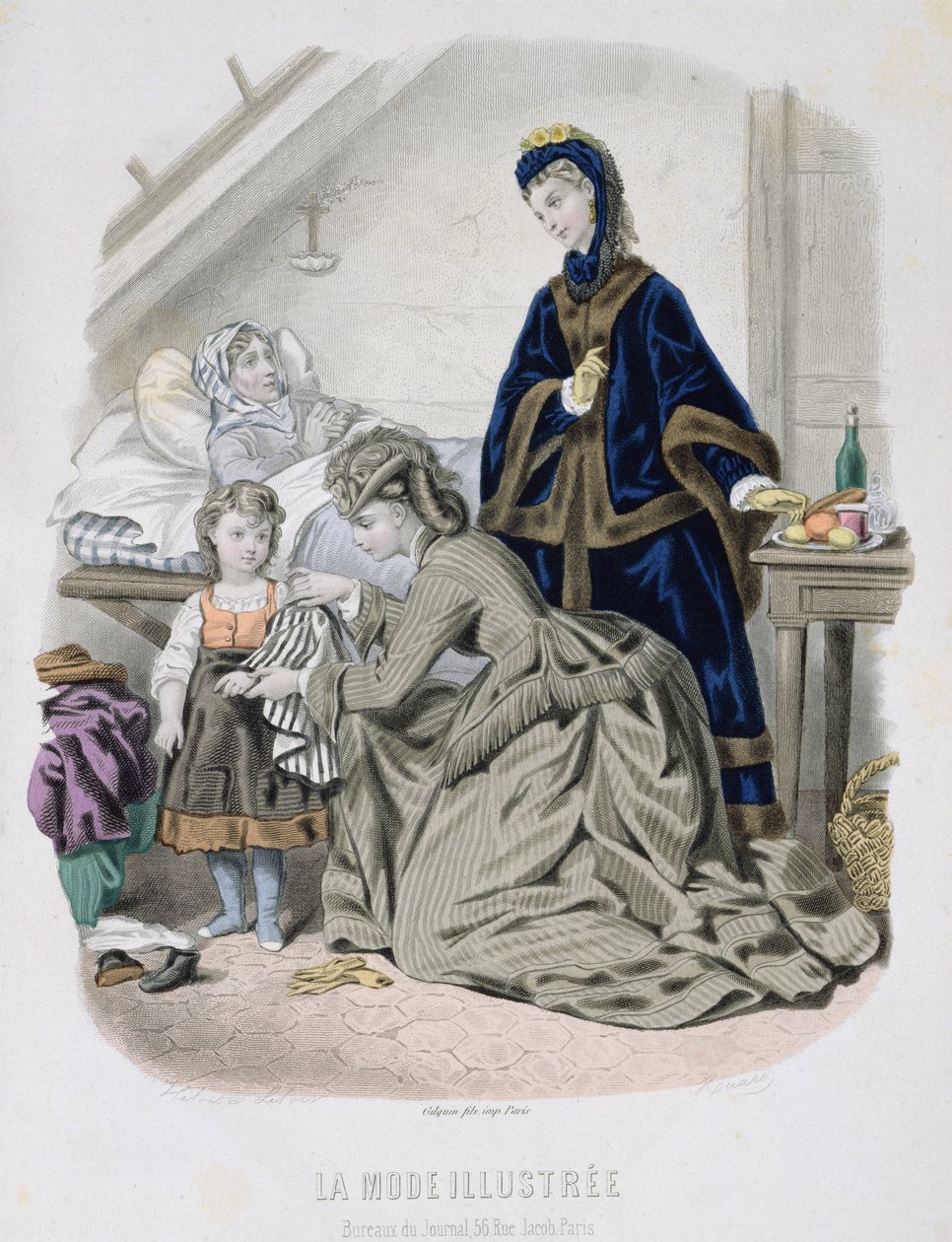 The Charitable Visit, illustrasjon fra La Mode Illustree, ca. 1870 (fargegravering) av French School