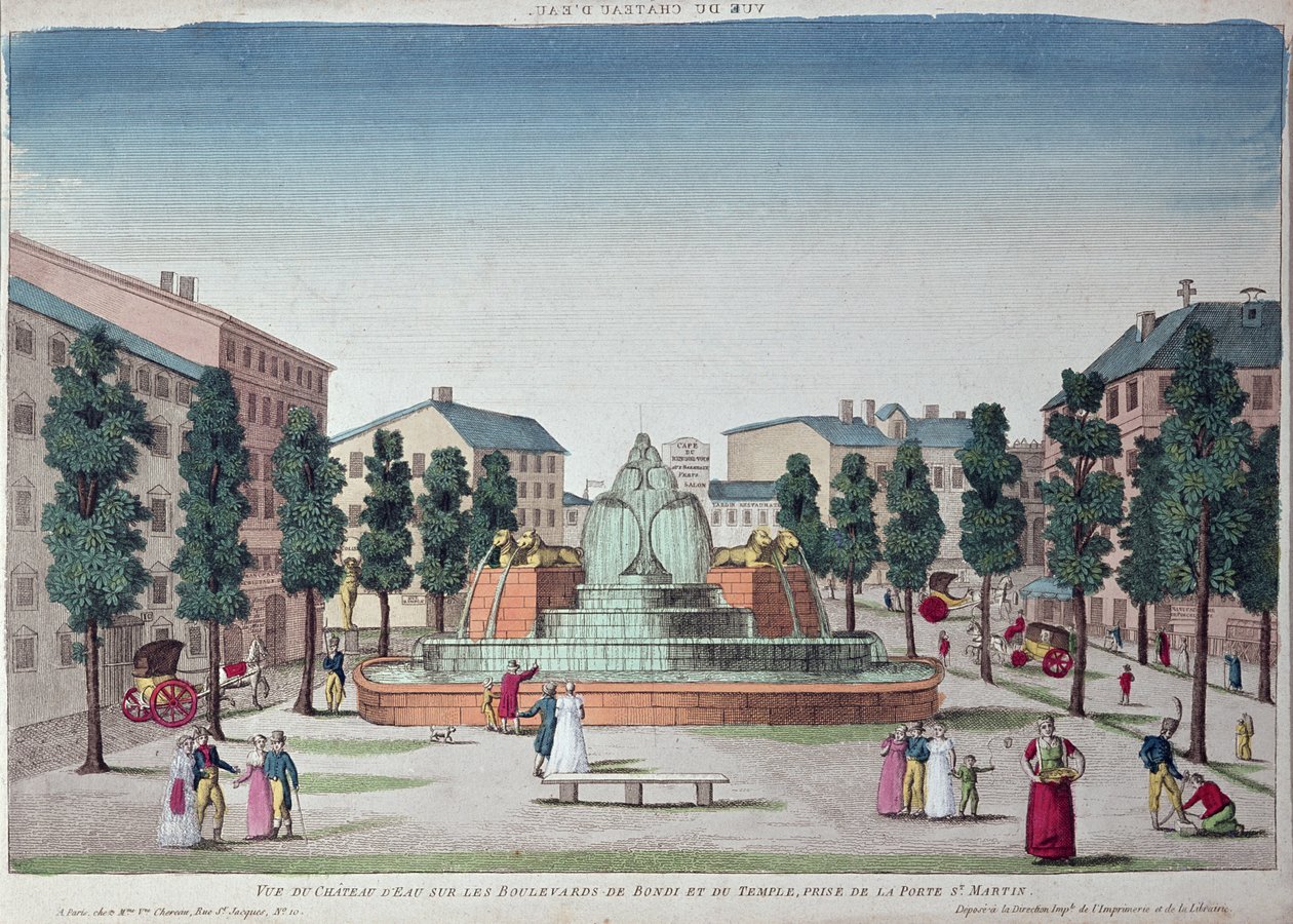 Chateau dEau-fontenen på Boulevard du Temple, Paris (fargegravering) av French School