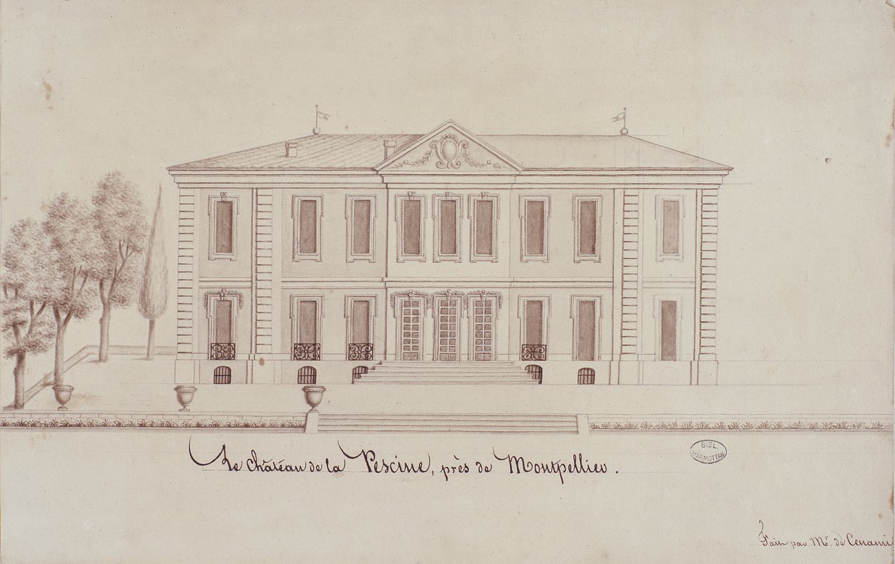 Chateau de la Piscine, nær Montpellier, tegnet av Monsieur de Cenani (blyant og blekk på papir) av French School