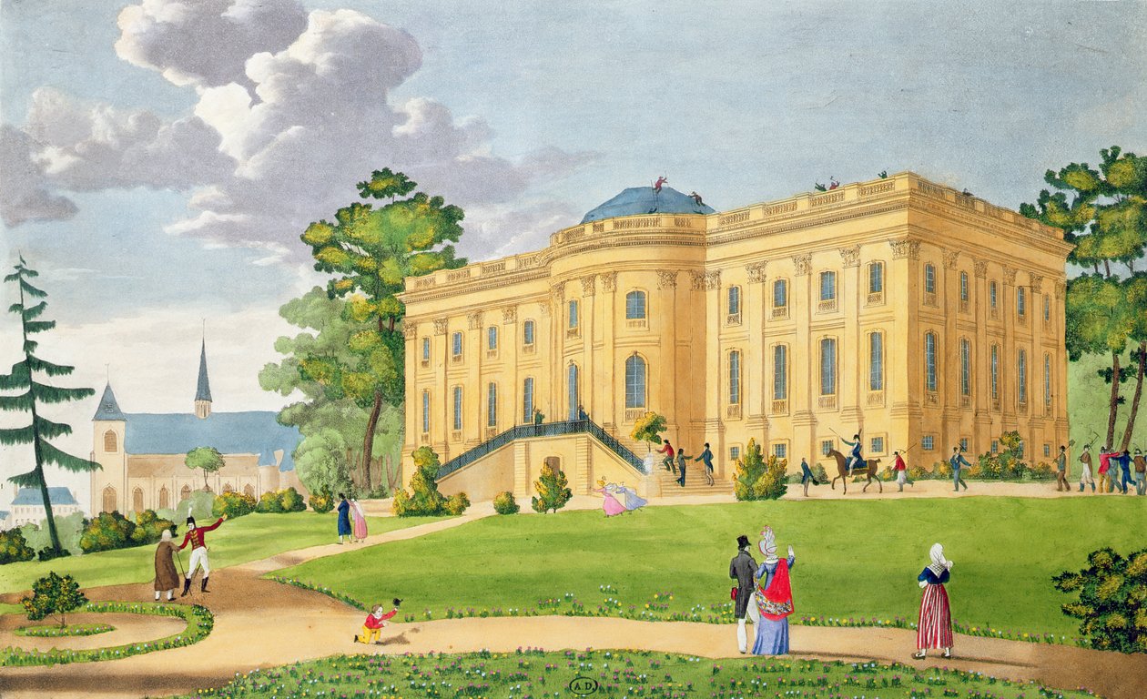 Chateau of Montmorency, nær Paris, ca. 1815-20 (fargegravering) av French School