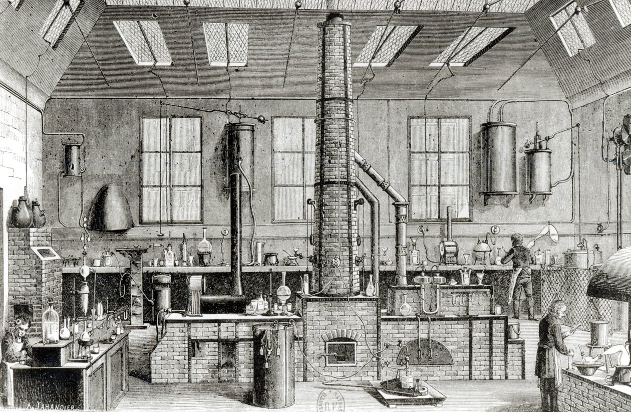 Kjemilaboratoriet til en skole i Paris, fra Almanach du Magasin Pittoresque, 1870 av French School