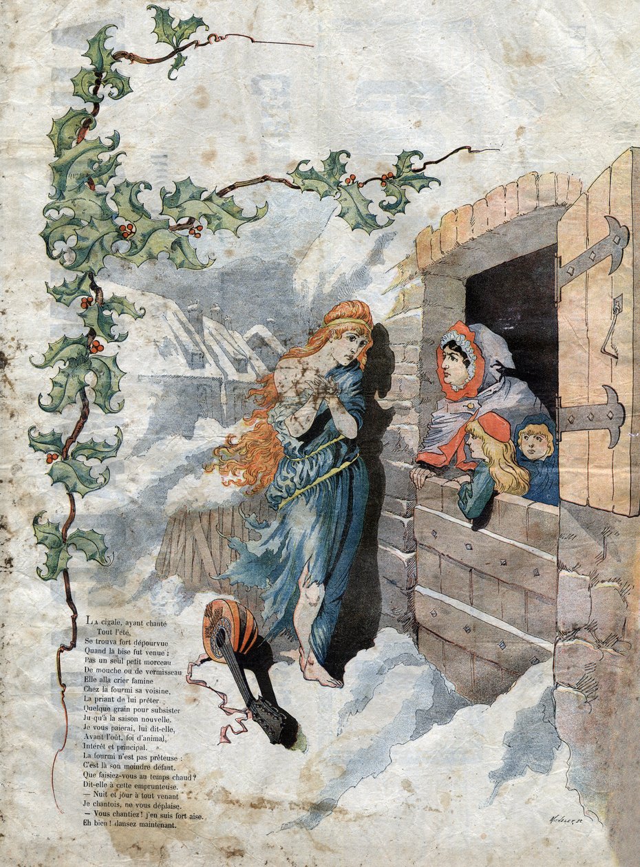 Cigalen og mauren. Fabler av Jean de La Fontaine (1621-95). Illustrasjon av Michelet SC. slutten av 1800-tallet. av French School