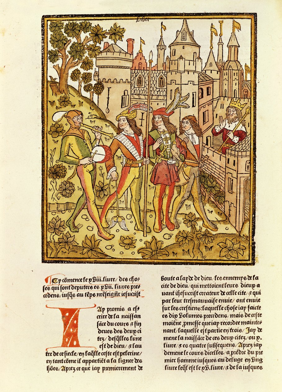 Guds by og dette århundrets by, fra La Cite de Dieu, 1486-87 (xylograf) av French School