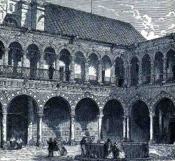 Cloister of the Convent of La Merced, Mexico, fra The Ancient Cities of the New World, av Claude-Joseph-Desire Charnay, pub. 1887 av French School