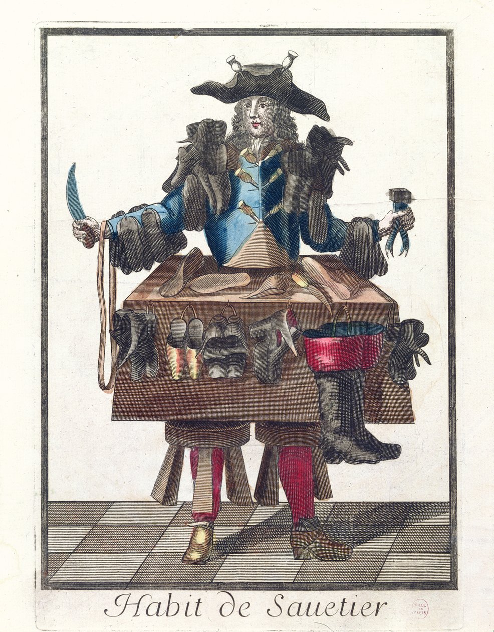 The Cobbler, et allegorisk kostymedesign, etter et bilde gravert av en av Larmessin-familien, ca. 1640-84 av French School