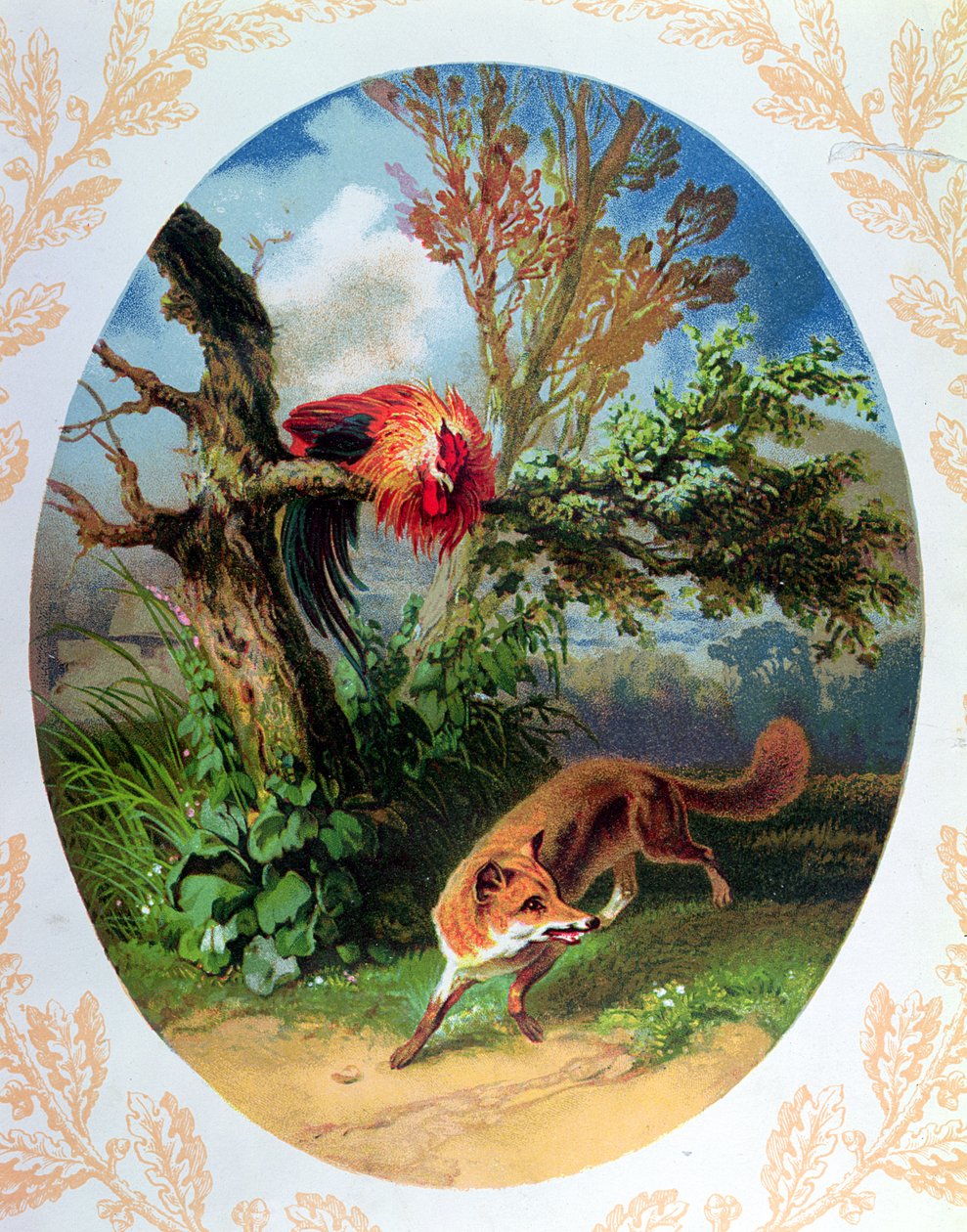 Hanen og reven, illustrasjon etter fabelen av Jean de la Fontaine (1621-95) ca. 1860-80 av French School