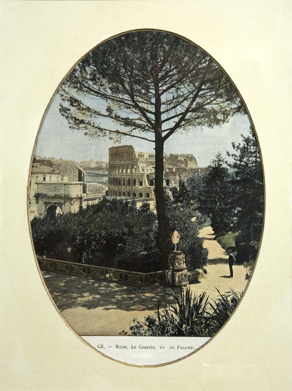 Colosseum sett fra Palatine-høyden i Roma (farget bilde) av French School