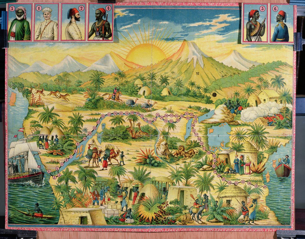 The Conquest of Africa, brettspill basert på reisene til Sir Henry Morton Stanley (1841-1904) og David Livingstone (1813-73) (fargegravering) av French School