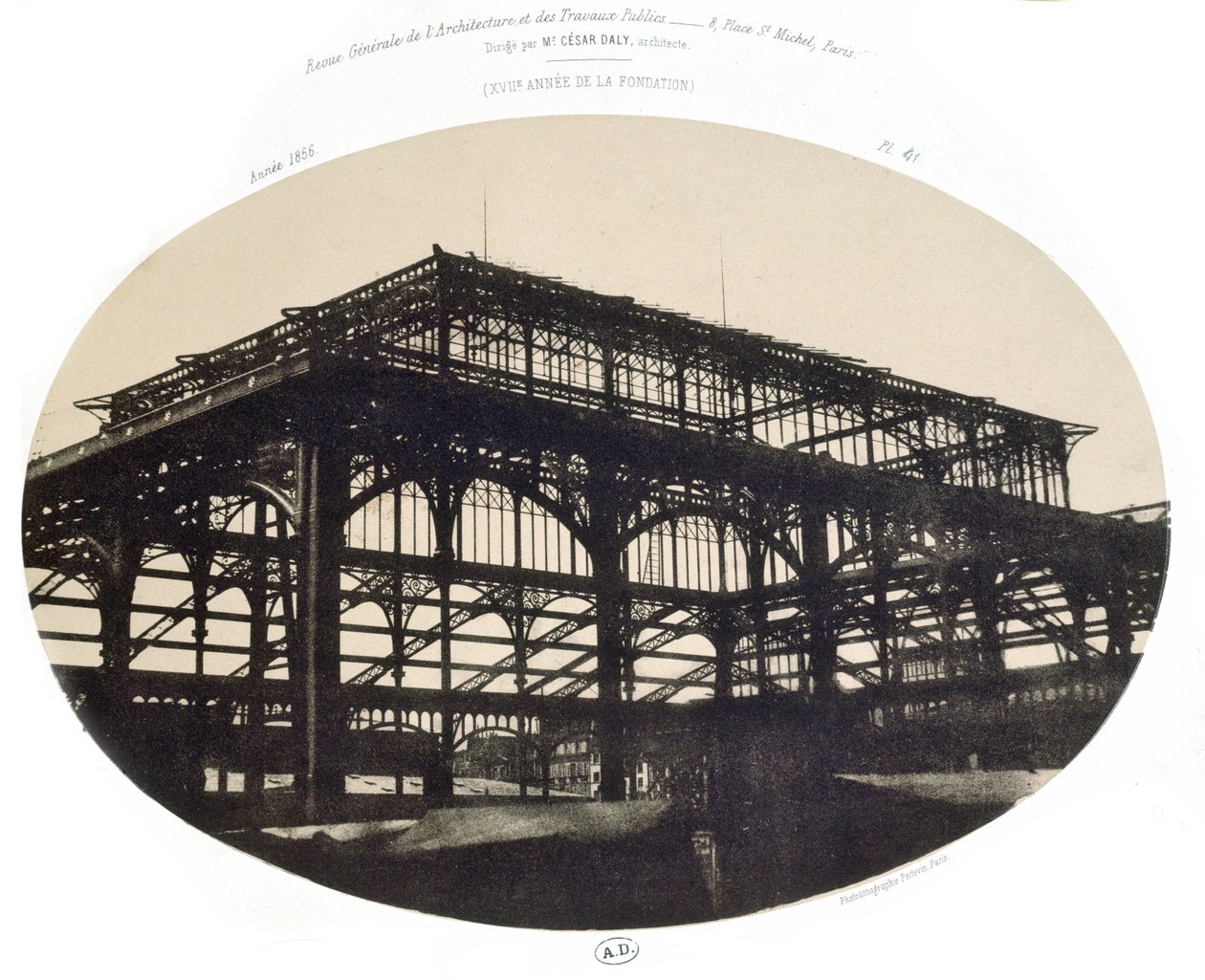 Byggingen av Halles sentrale marked, fra Revue generale de larchitecture et des travaux publics, 1856 (foto litho) av French School