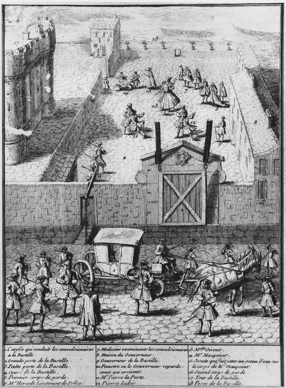Convulsionaries av Saint-Medard ført til fengselet i La Bastille, ca. 1730 av French School
