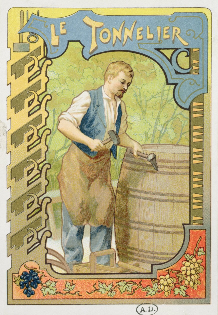 The Cooper, illustrasjon fra en bok om håndverk, ca. 1899 av French School