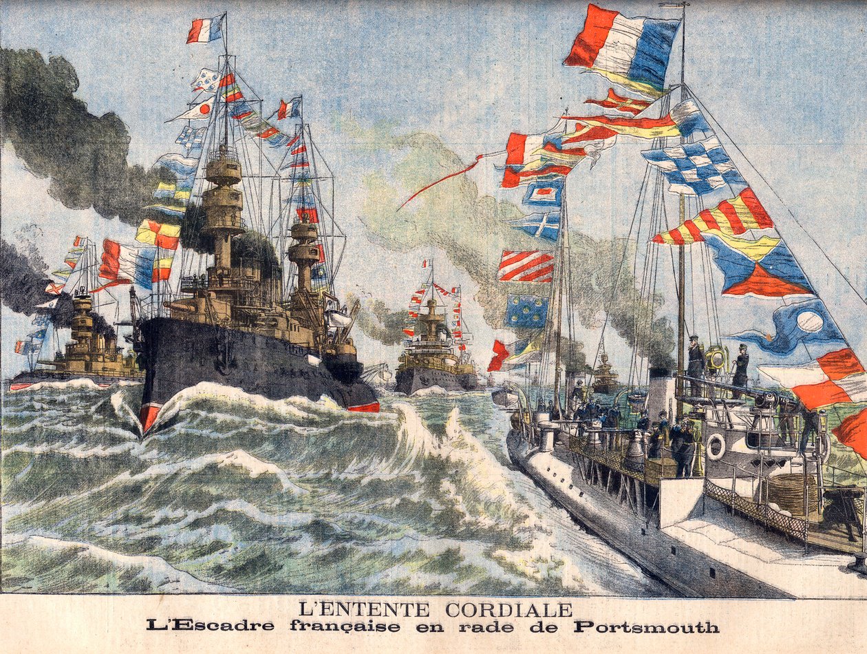 The Cordial Entente. English naval squadron in Portsmouth Harbour. The Cordial Entente. French Wing in Portsmouth. Illustration for Le Petit Journal av French School